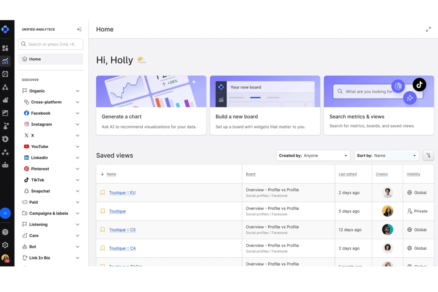 Emplifi centralizes social metrics into customizable dashboards for insights.
