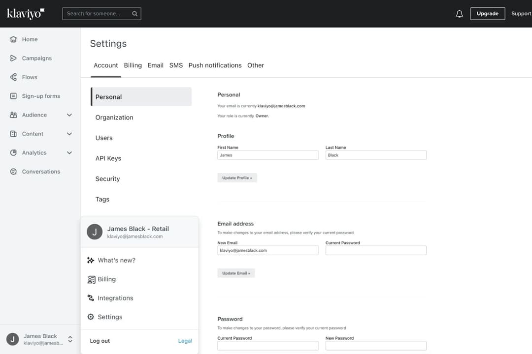Klaviyo’s dashboard lets users manage account, user, and security settings in one place.