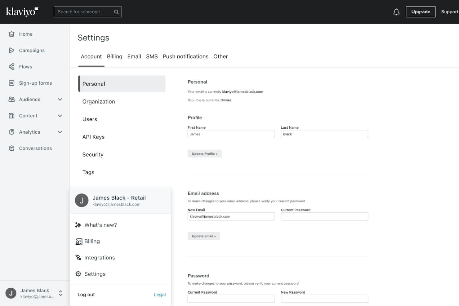 Klaviyo’s dashboard lets users manage account, user, and security settings in one place.