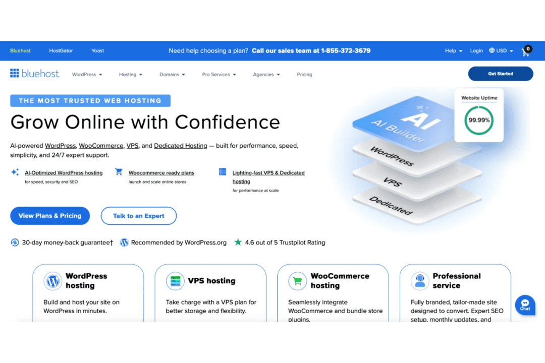 Bluehost provides hosting, domains, and tools to build/manage sites.