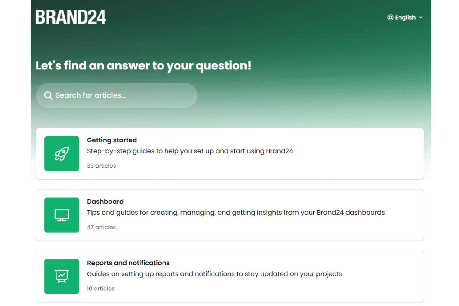 Brand24 help center homepage with search bar and three article categories listed