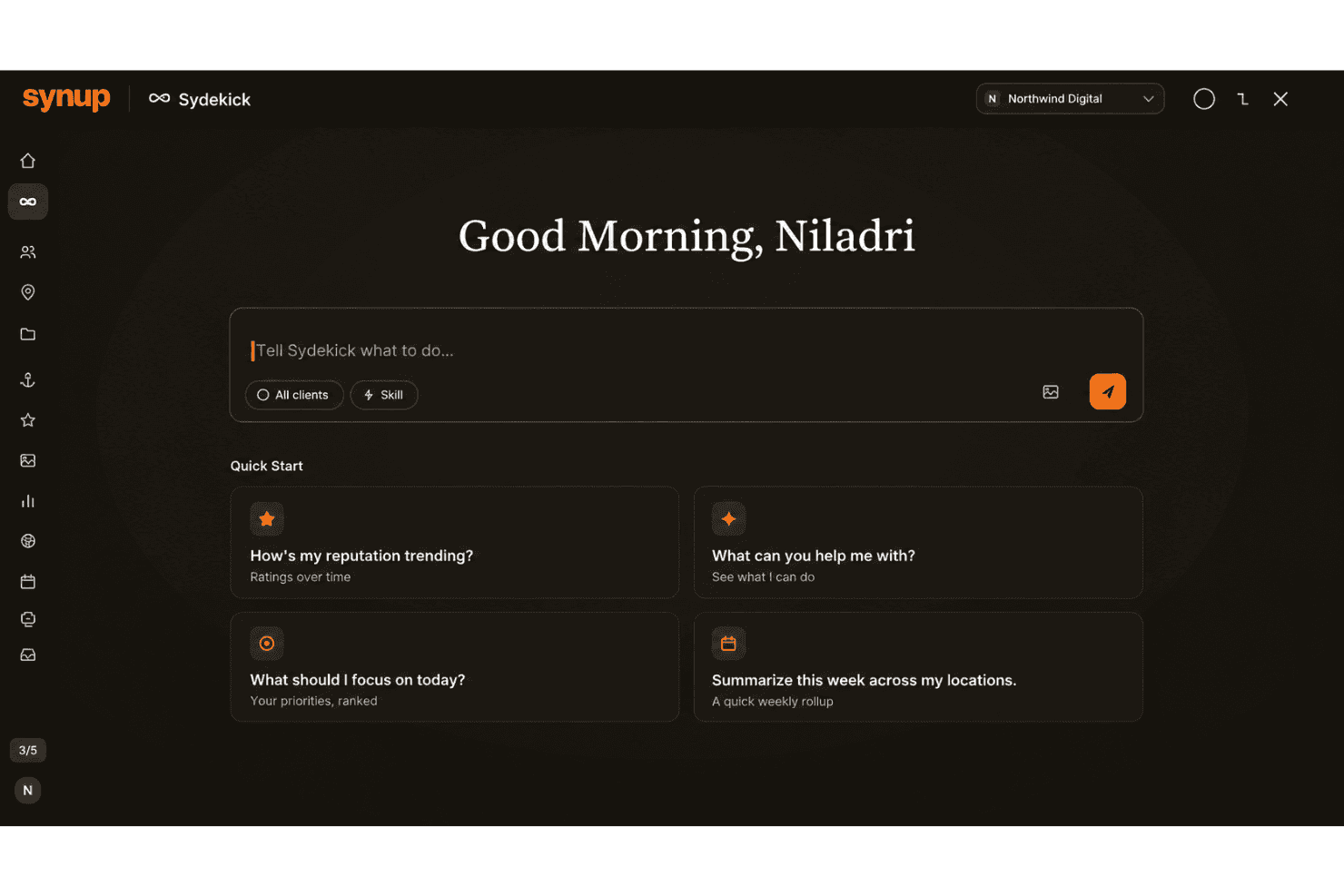Synup workspace with listings, reviews, rankings, social, and Sydekick AI.