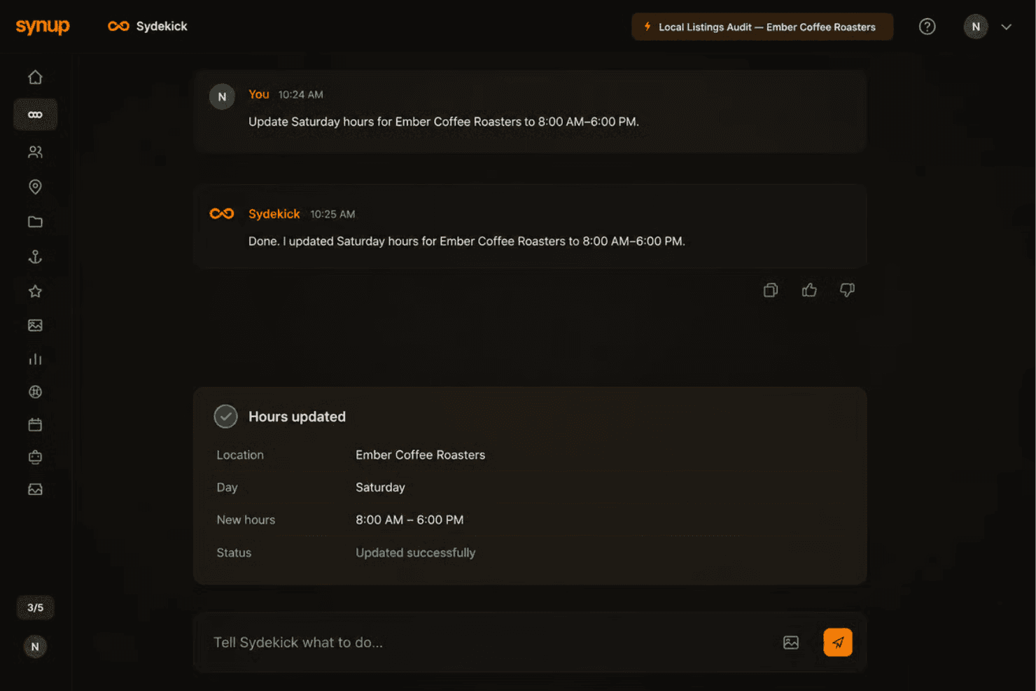 Synup Sydekick AI assistant with listings, reviews, posts, and alerts.