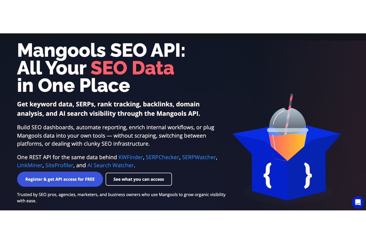 Mangools SEO API landing page promoting all SEO data in one place.