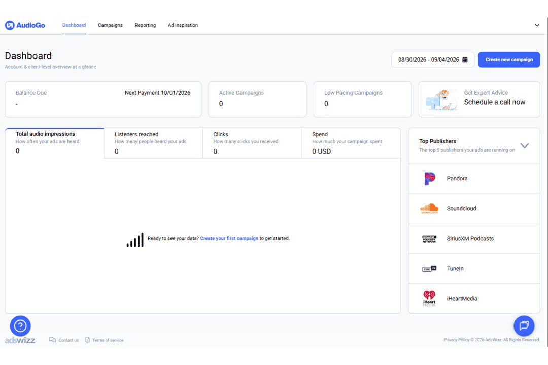 AudioGo's dashboard gives users a campaign performance overview at a glance.