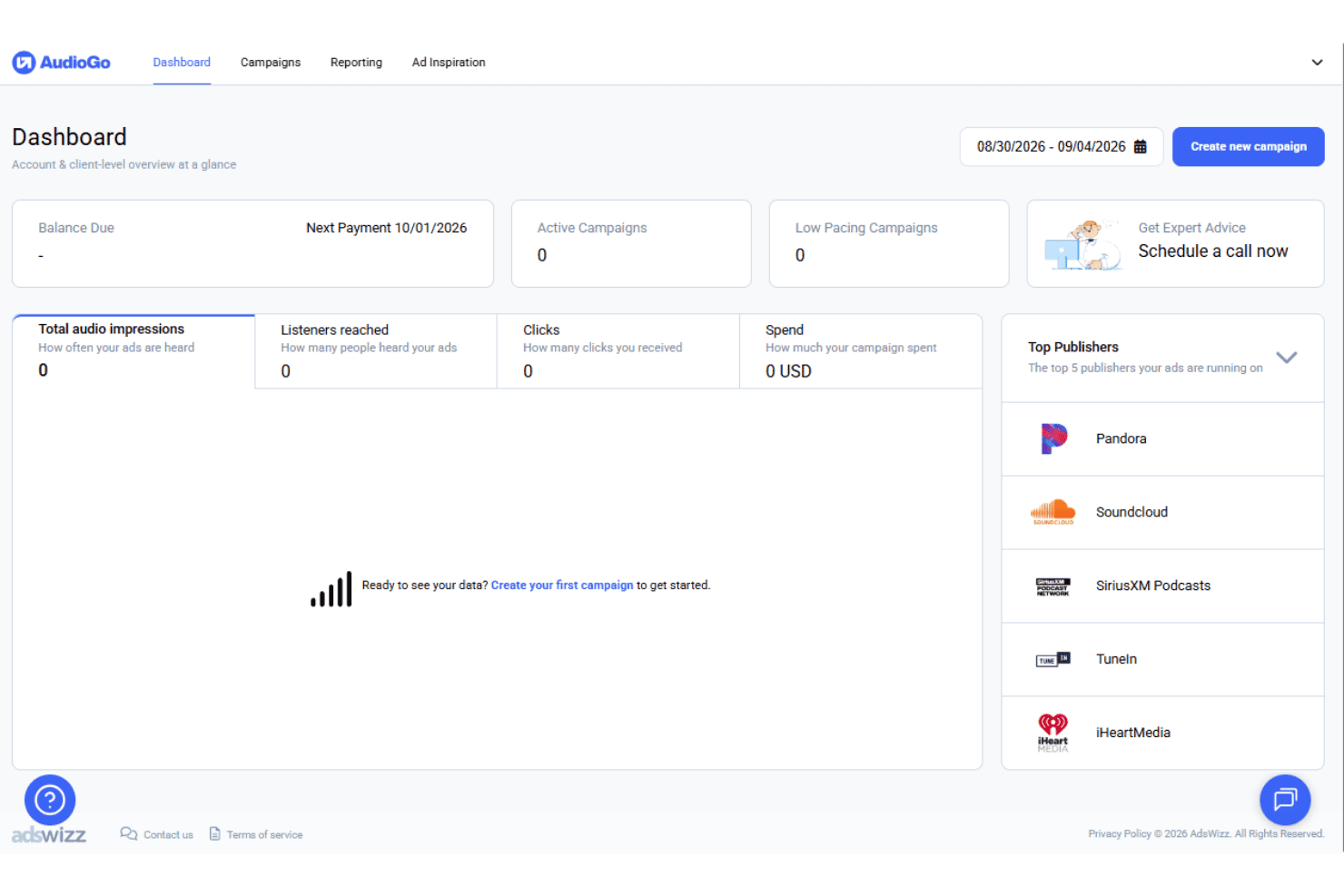 AudioGo's dashboard gives users a campaign performance overview at a glance.