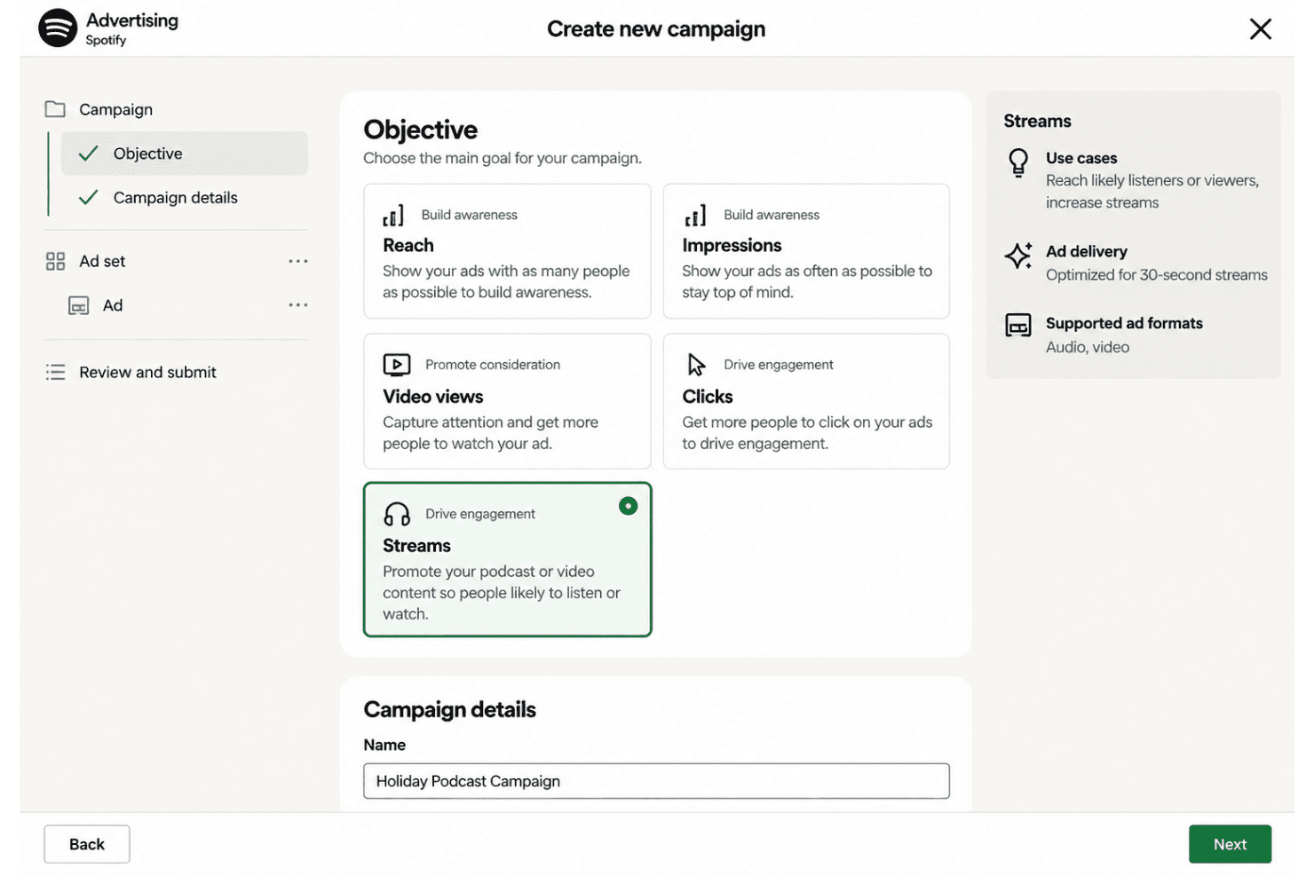 Spotify Ads Manager campaign creation screen with Streams objective selected.