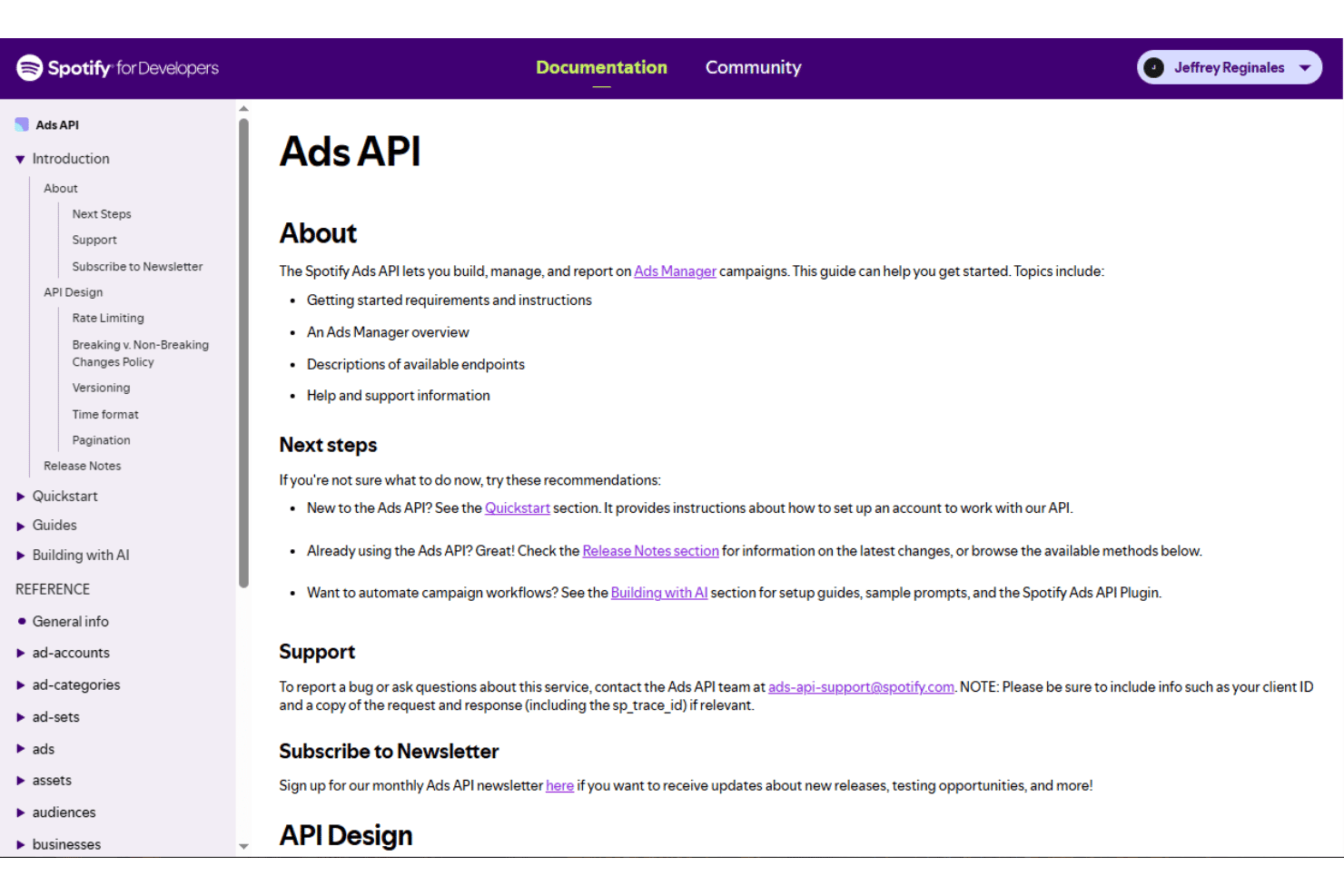 Spotify for Developers Ads API documentation page showing About section and navigation menu.