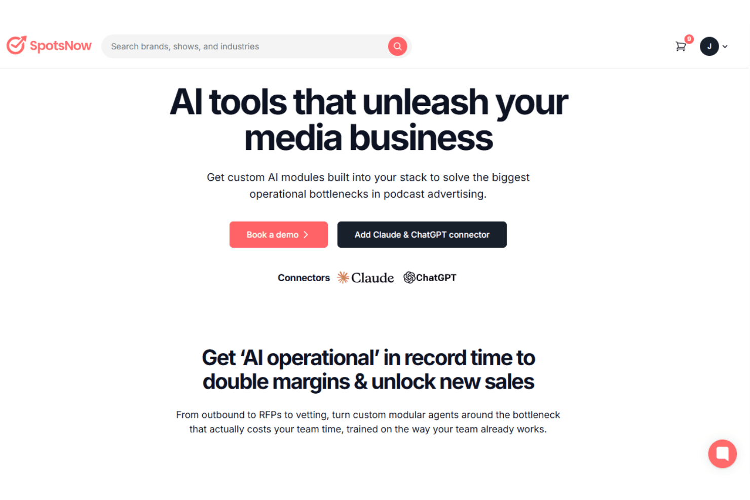 SpotsNow homepage showing Claude and ChatGPT connector buttons and AI tools headline.
