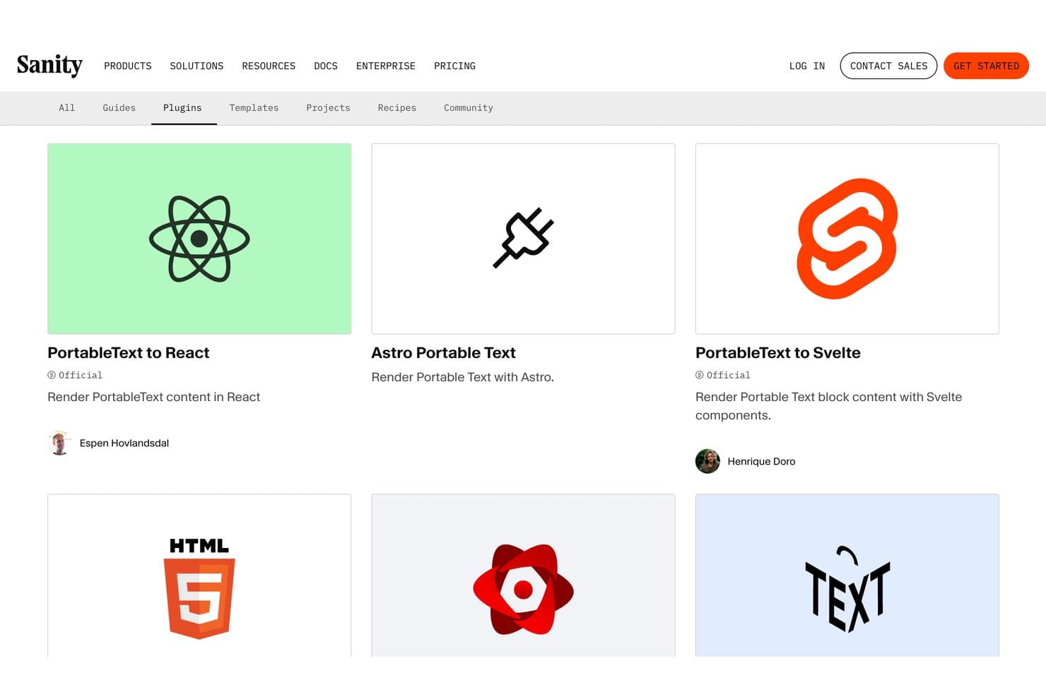 Sanity plugins page showing PortableText integrations for React, Astro, and Svelte.