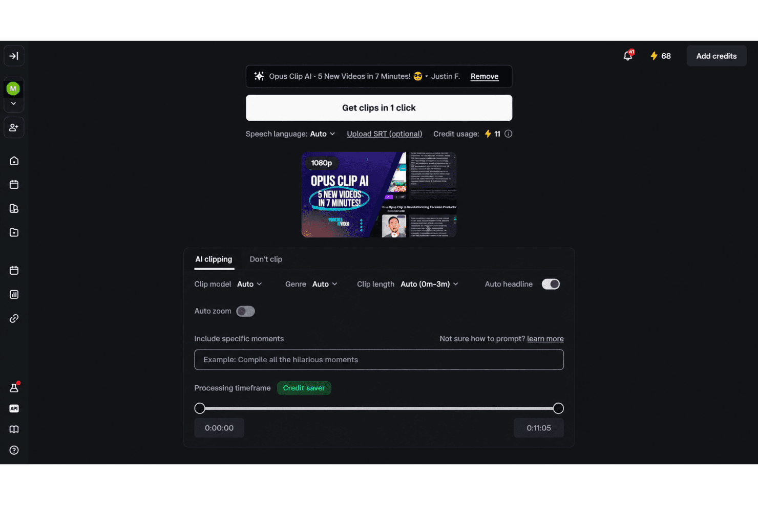 OpusClip AI clip generation with automatically selected video highlights.