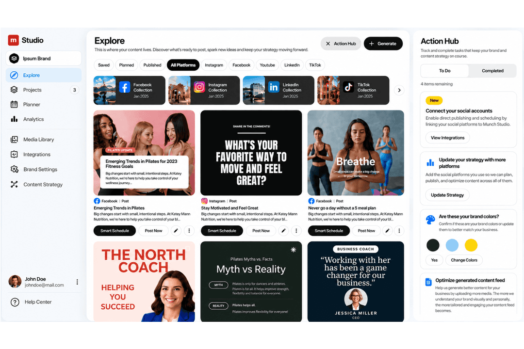 Munch Studio automates branded social content creation, scheduling, and tracking.