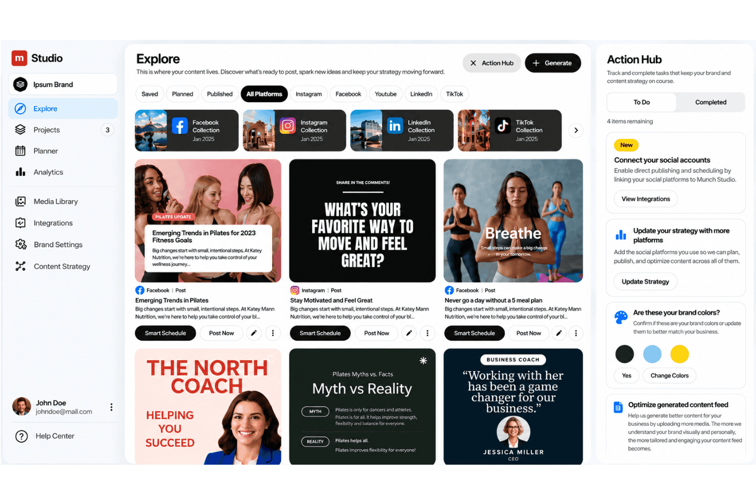 Munch Studio automates branded social content creation, scheduling, and tracking.