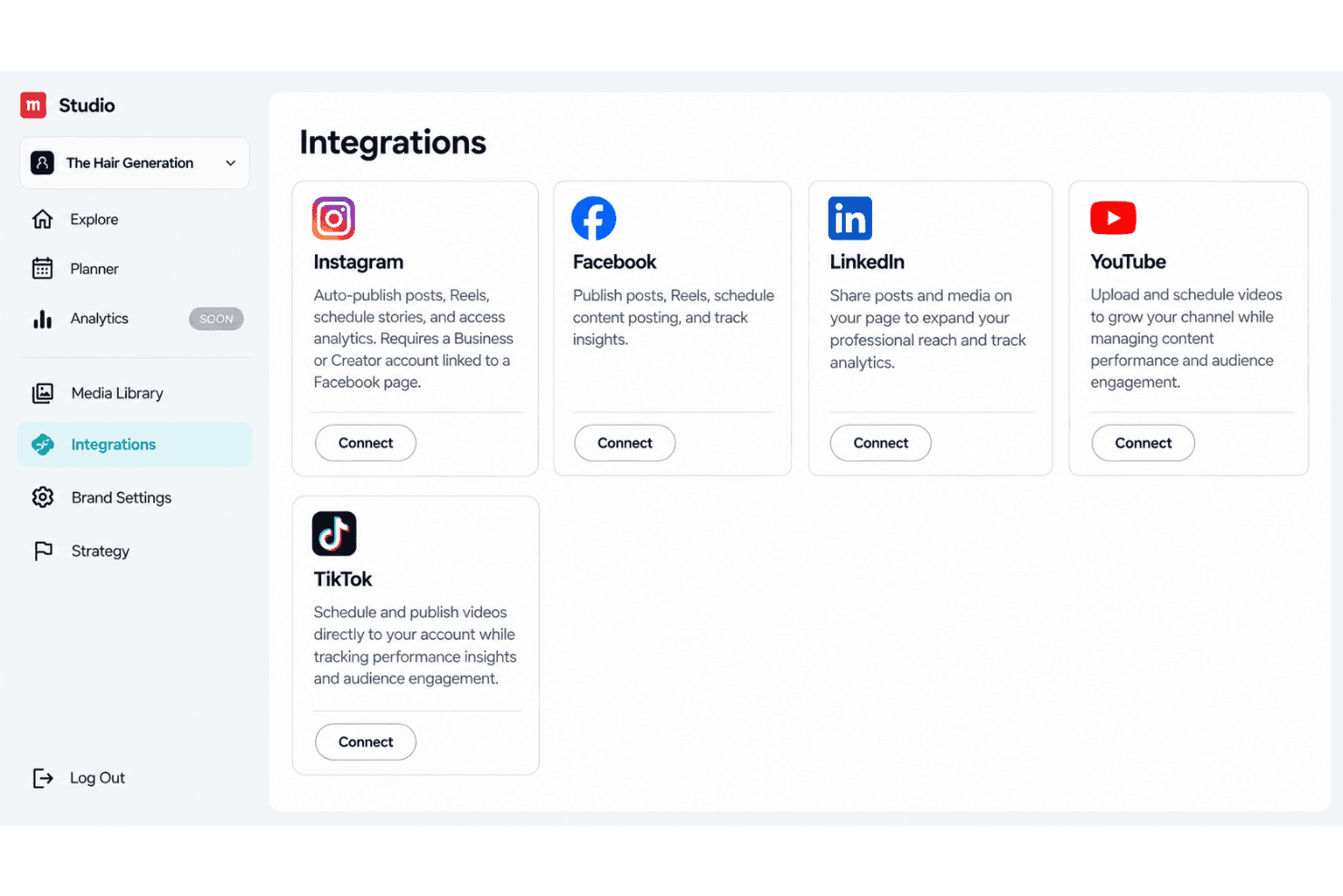 Munch Studio connects with leading social platforms and supports custom integrations.
