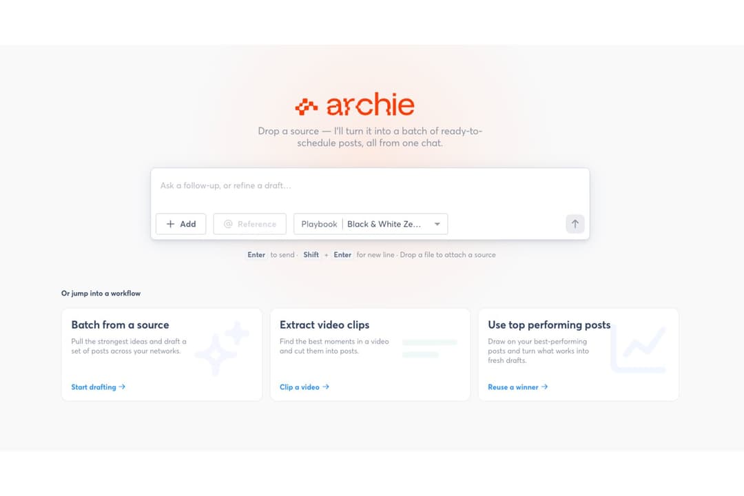 Archie turns any source into scheduled social posts via chat.