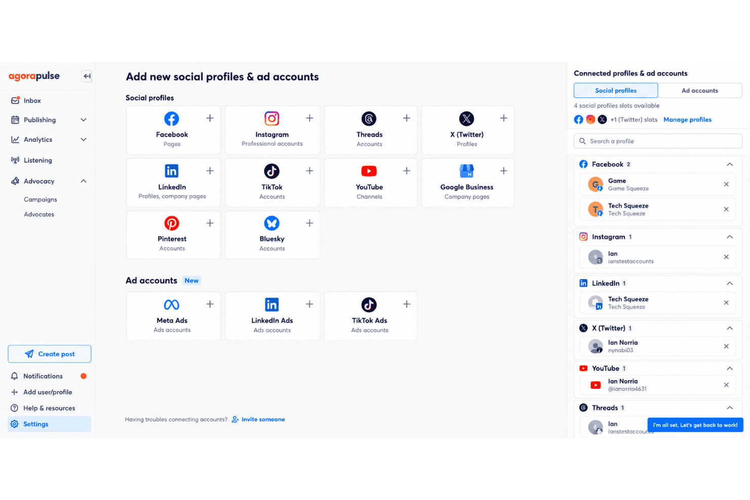 Archie by Agorapulse integrations with LinkedIn, Facebook, Instagram, and YouTube.