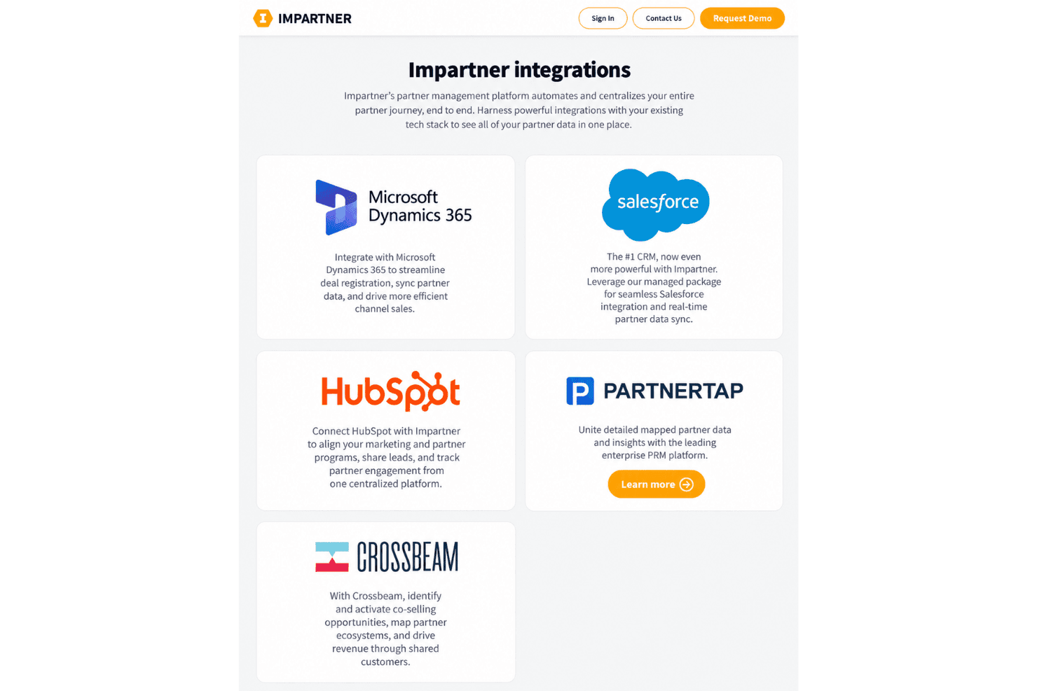 Impartner integrations with Salesforce, HubSpot, Dynamics 365, Crossbeam, and Zapier.