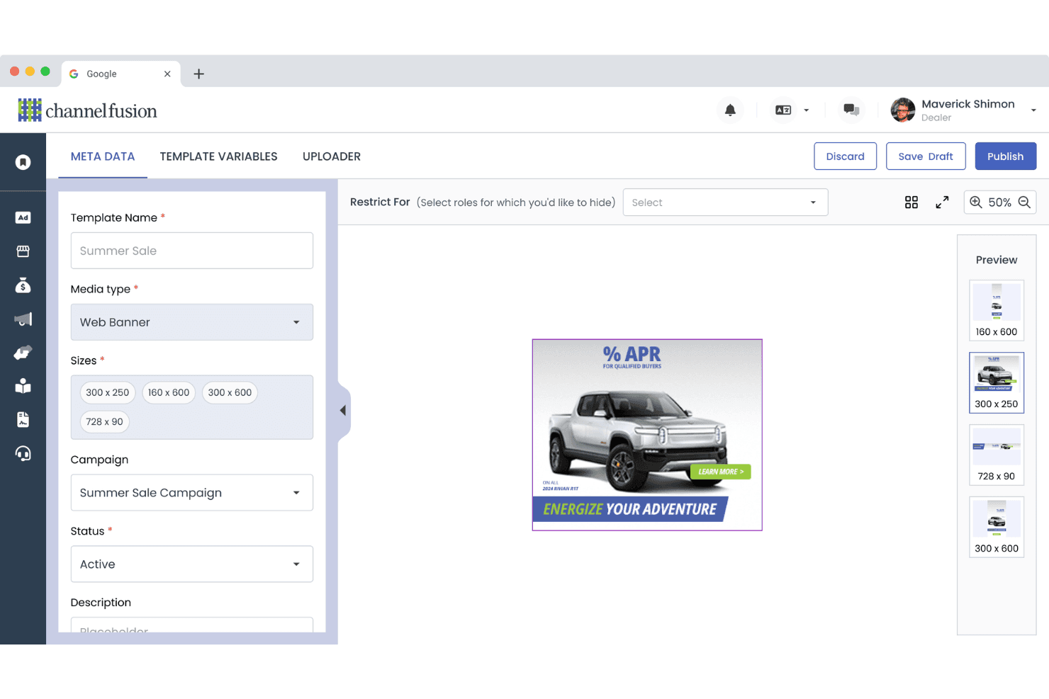 Channel Fusion web banner template editor with metadata fields and ad preview.