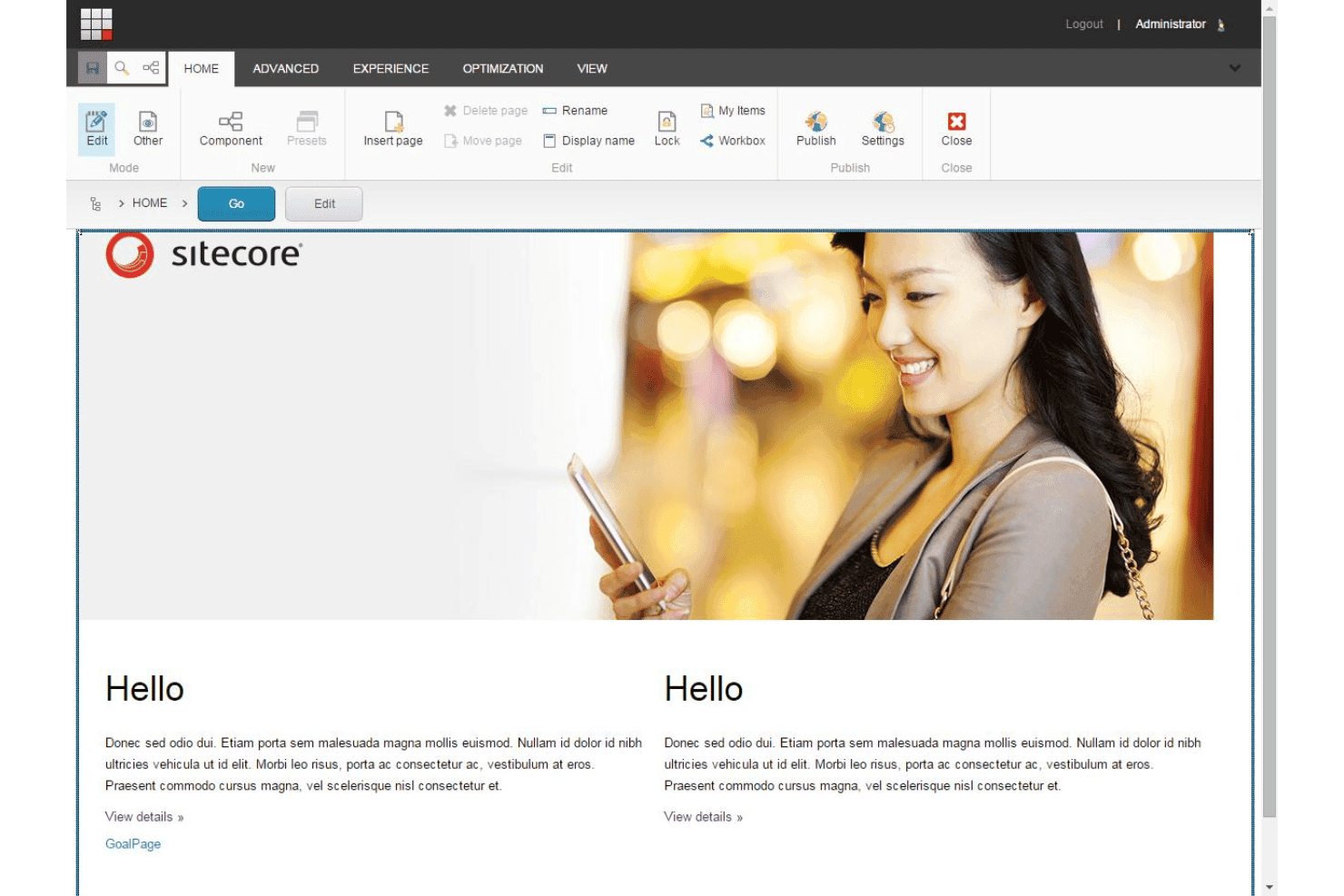 Sitecore interface with content editing, personalization, workflows, and multilingual tools.
