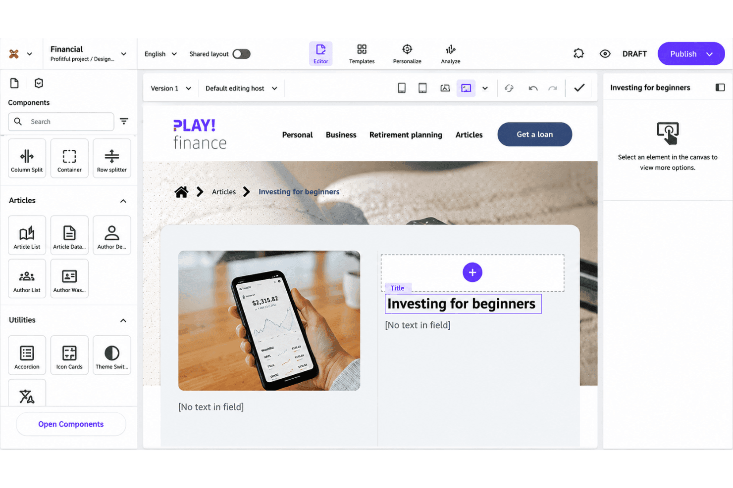 Sitecore visual editing with drag-and-drop page design and live previews.