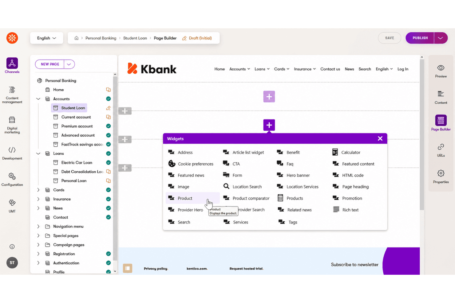 Kentico interface with Page Builder, widgets, templates, and publishing workflows.