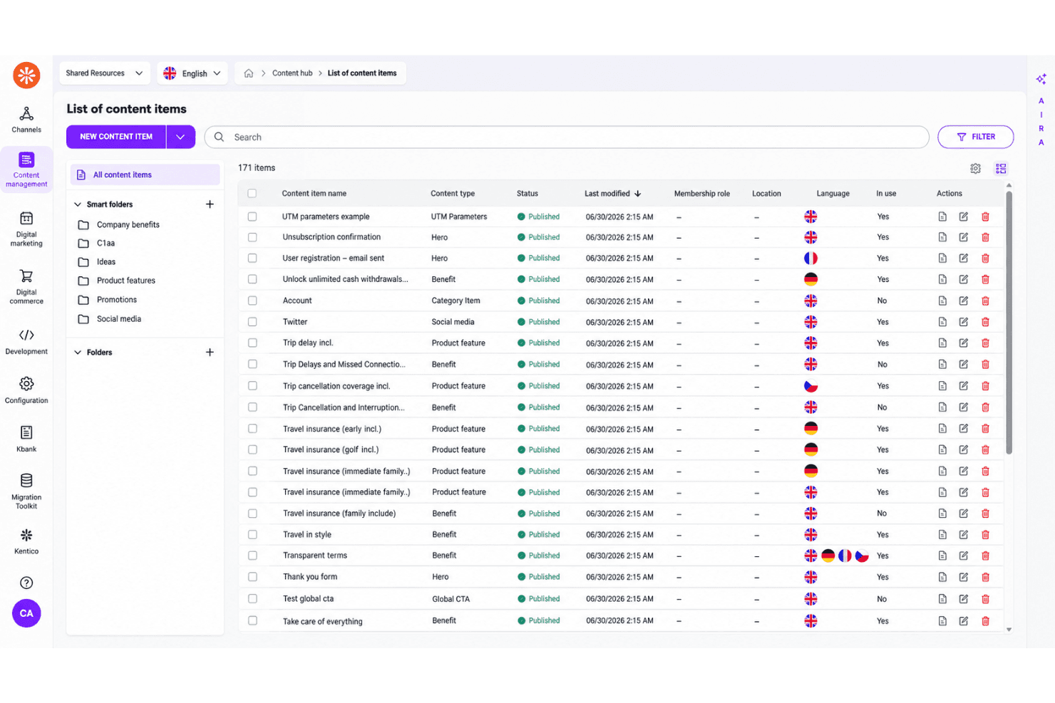 Kentico structured content management with reusable content types and assets.