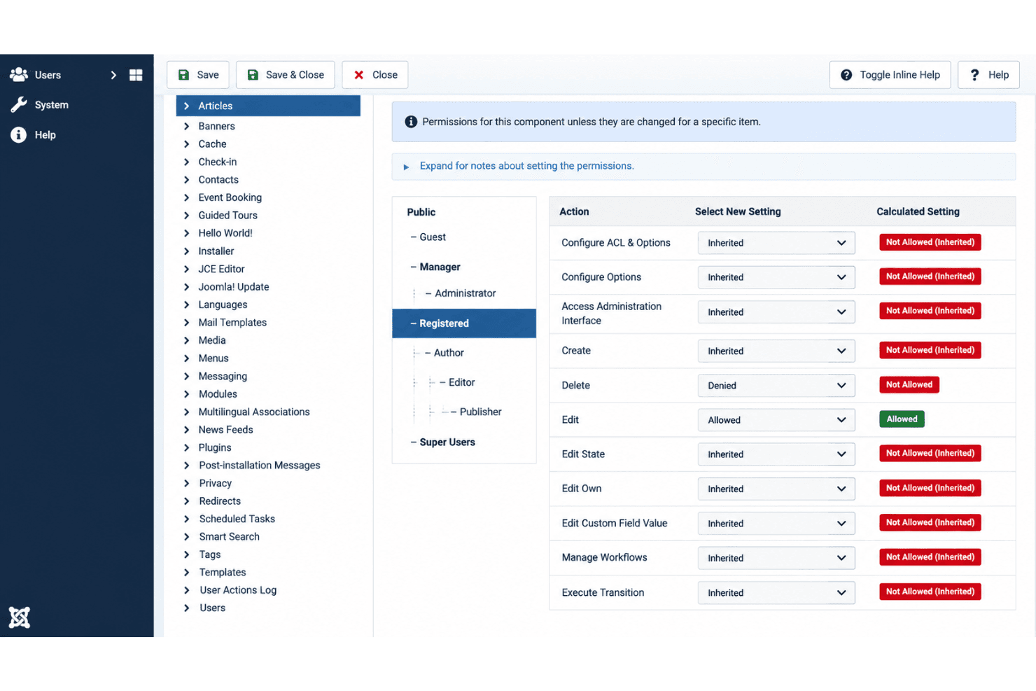 Joomla interface with custom fields, workflows, multilingual tools, and permissions.