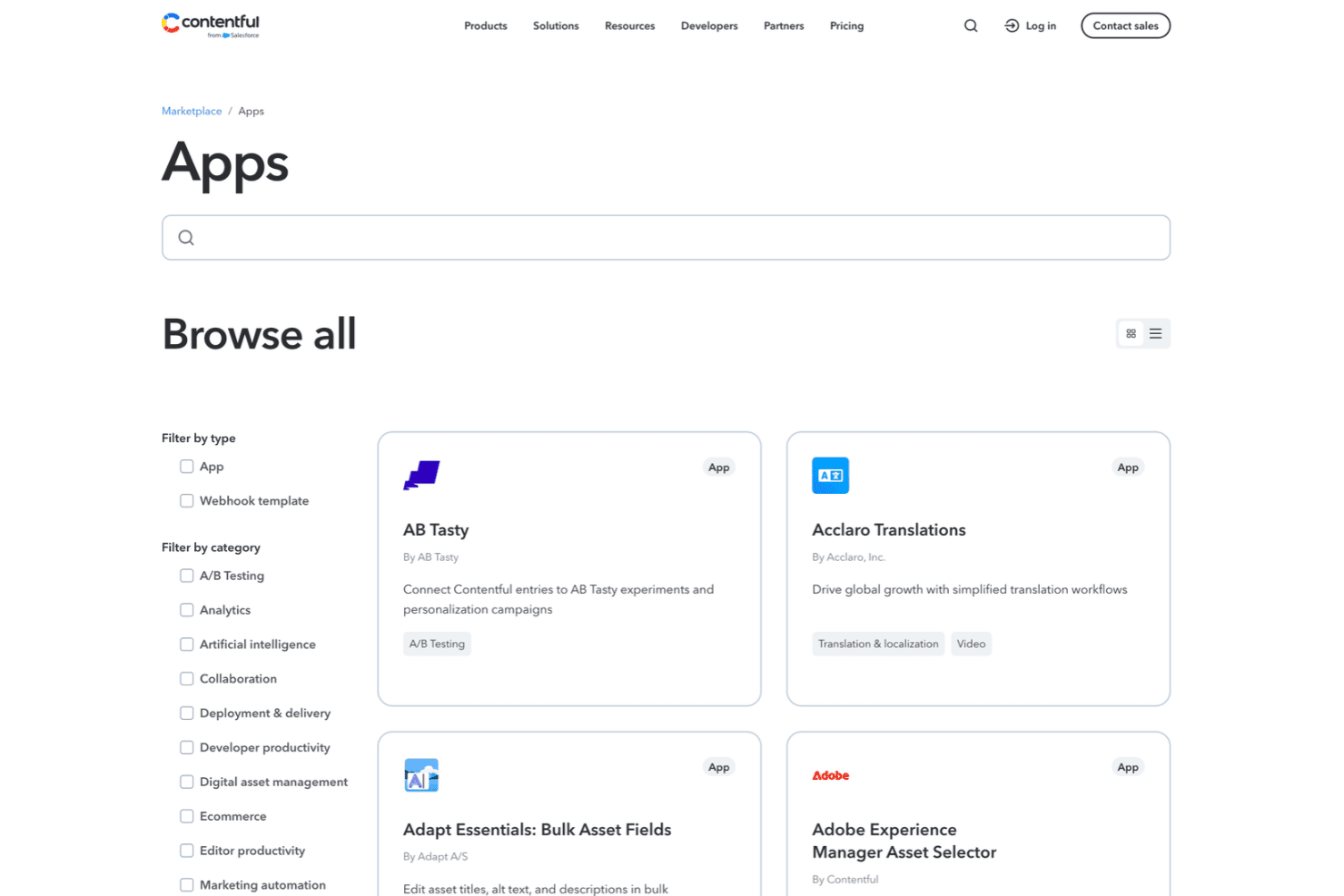Contentful marketplace Apps page showing filterable app integrations grid view.