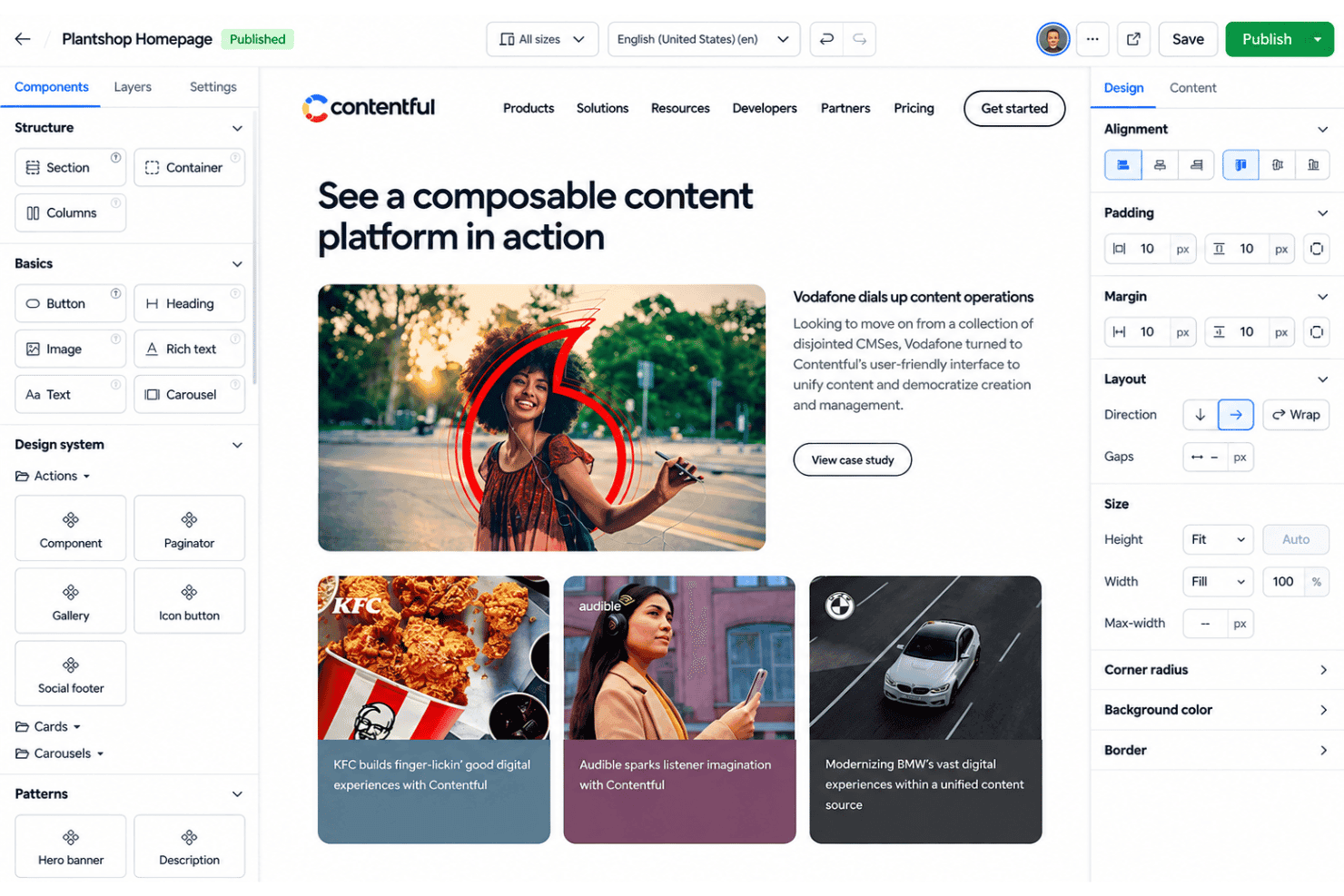 Contentful user interface with content editing, Contentful Studio, AI Actions, and workflows.