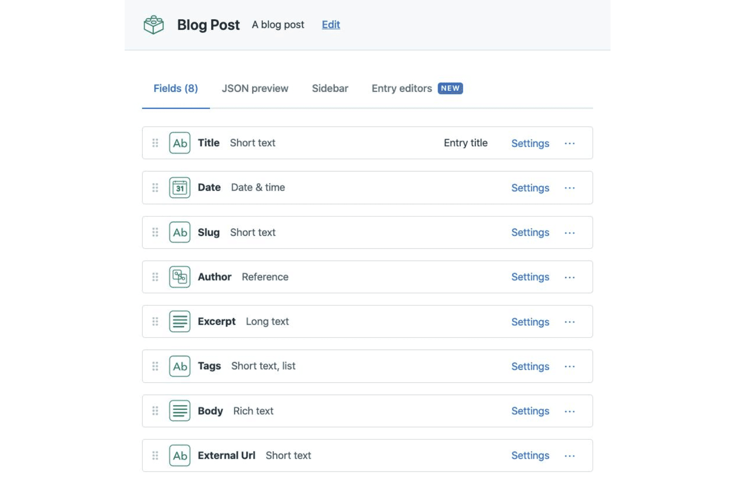 Contentful structured content modeling with content types, fields, and references.