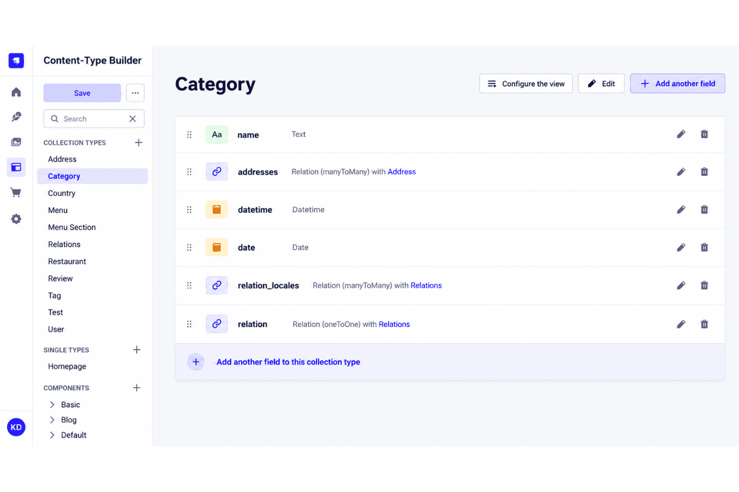 Strapi custom content types with text, media, dates, and relational fields.