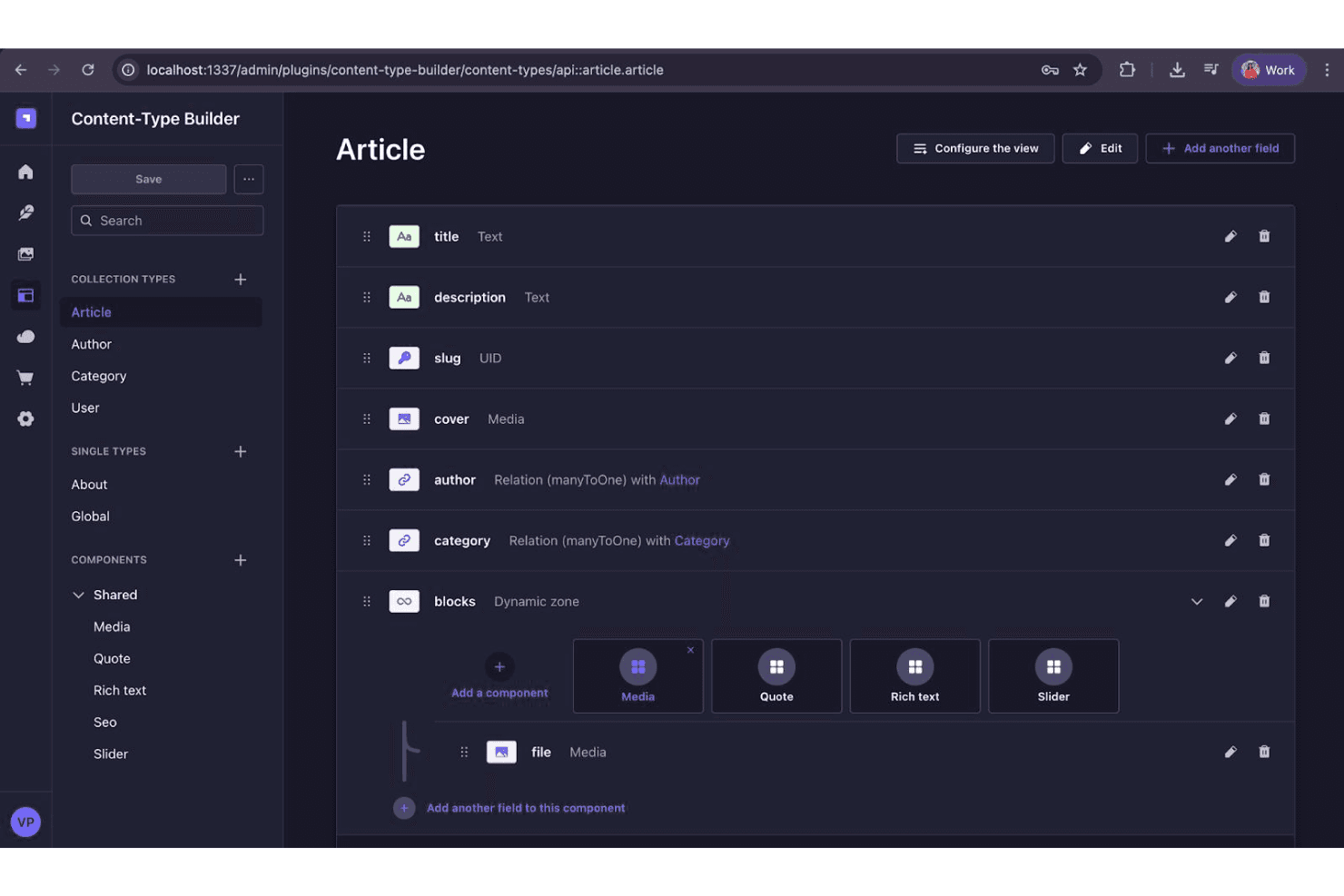 Strapi interface with Content-Type Builder, API endpoints, and content management tools.