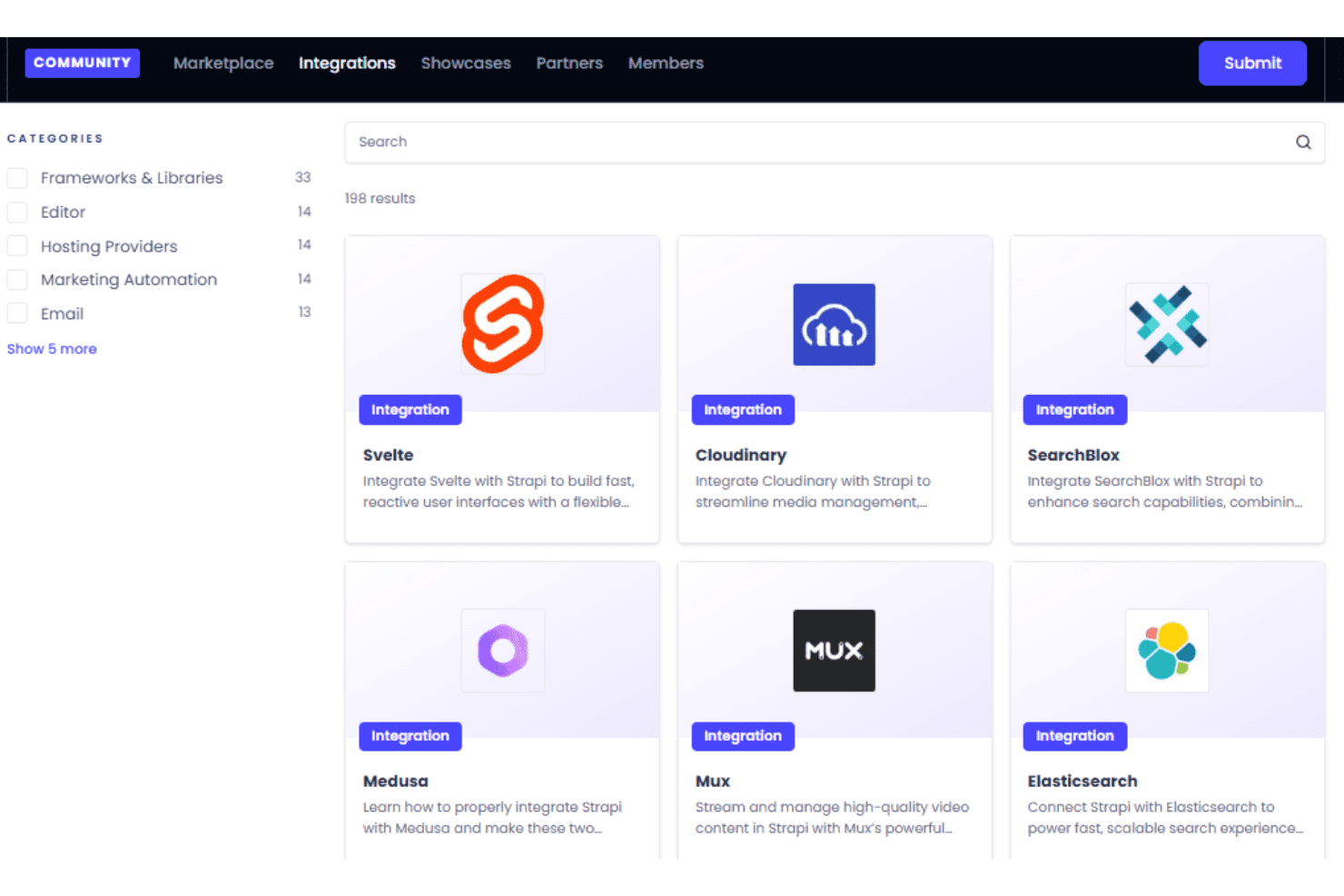 Strapi integrations with Shopify, BigCommerce, Cloudinary, REST, GraphQL, and webhooks.