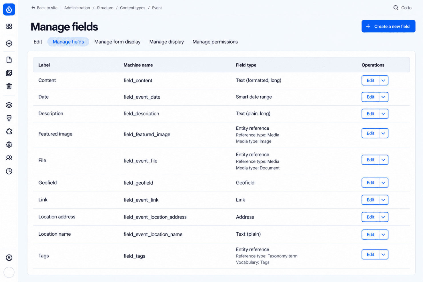 Drupal content types and fields with custom attributes and reusable content structures.