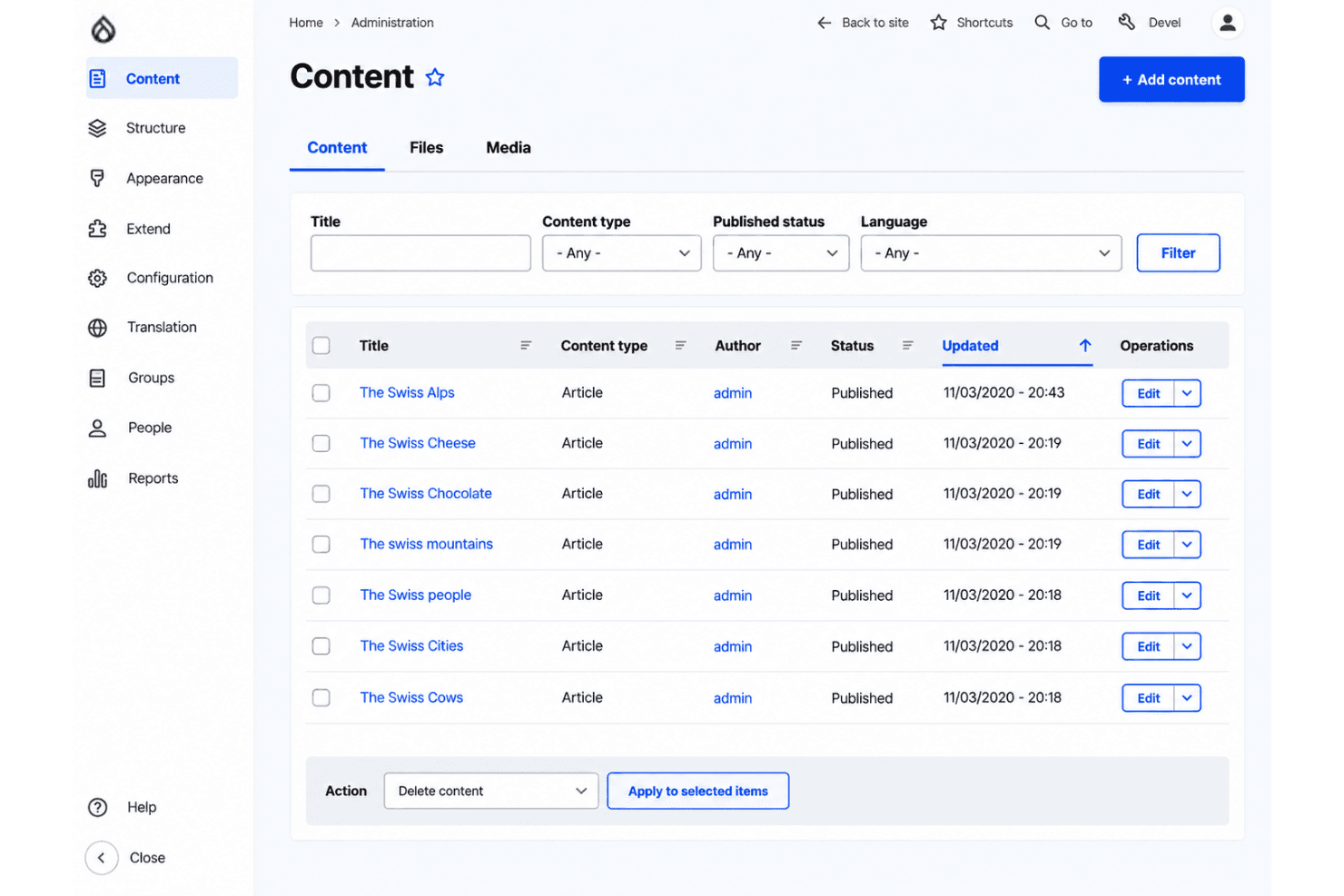 Drupal interface with content modeling, permissions, workflows, and multilingual tools.