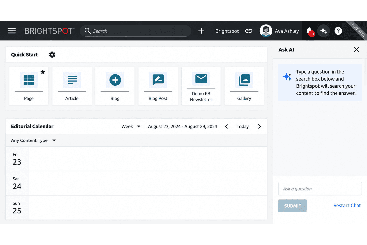 Brightspot interface with structured content, role-based dashboards, and approval workflows.