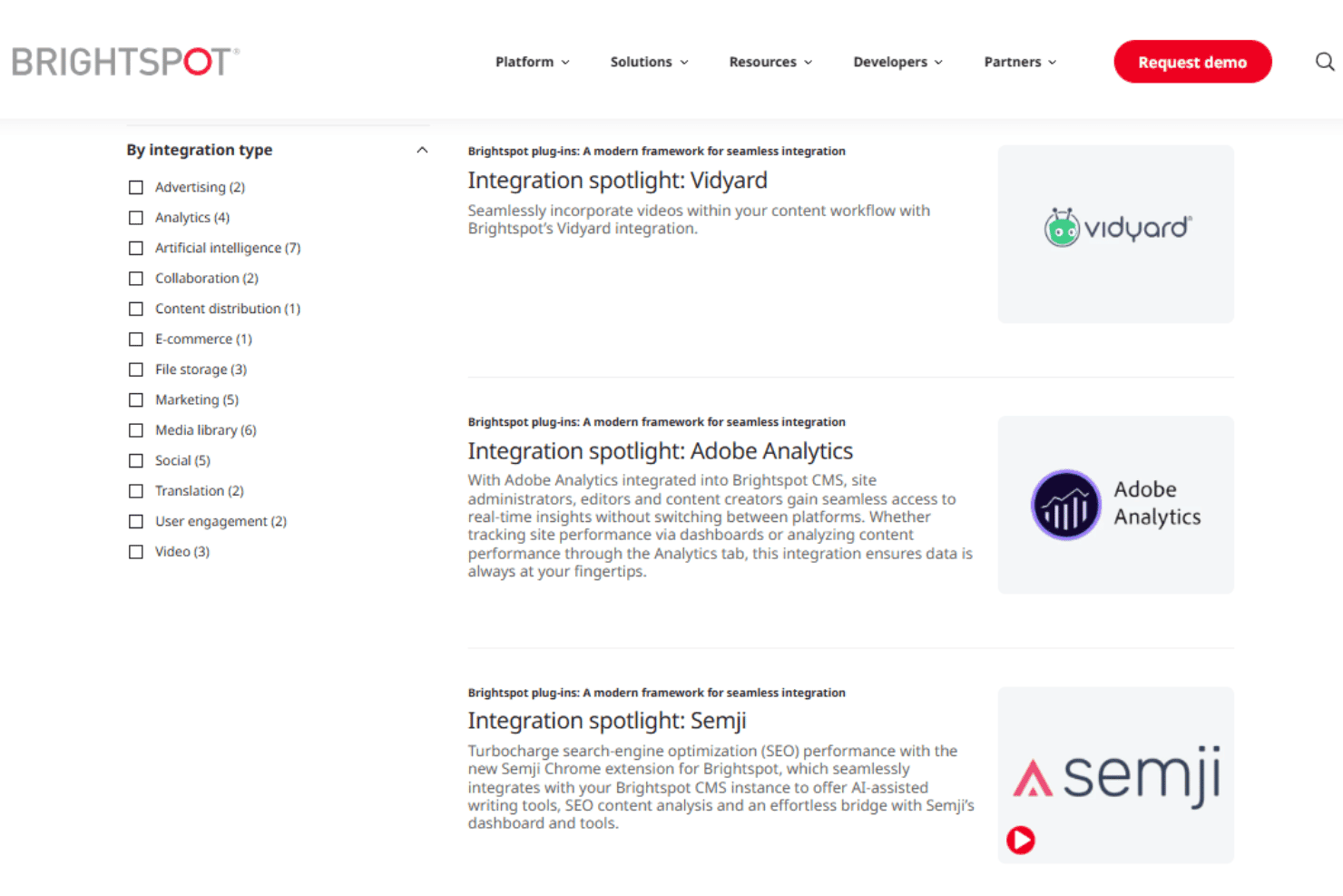 Brightspot integrations with Google Analytics, HubSpot, Salesforce, Shopify, and REST API.