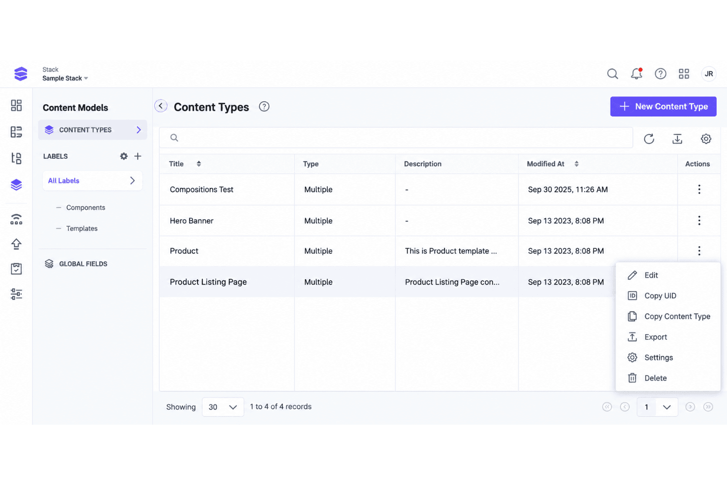 Contentstack content modeling with content types, custom fields, and reusable components.