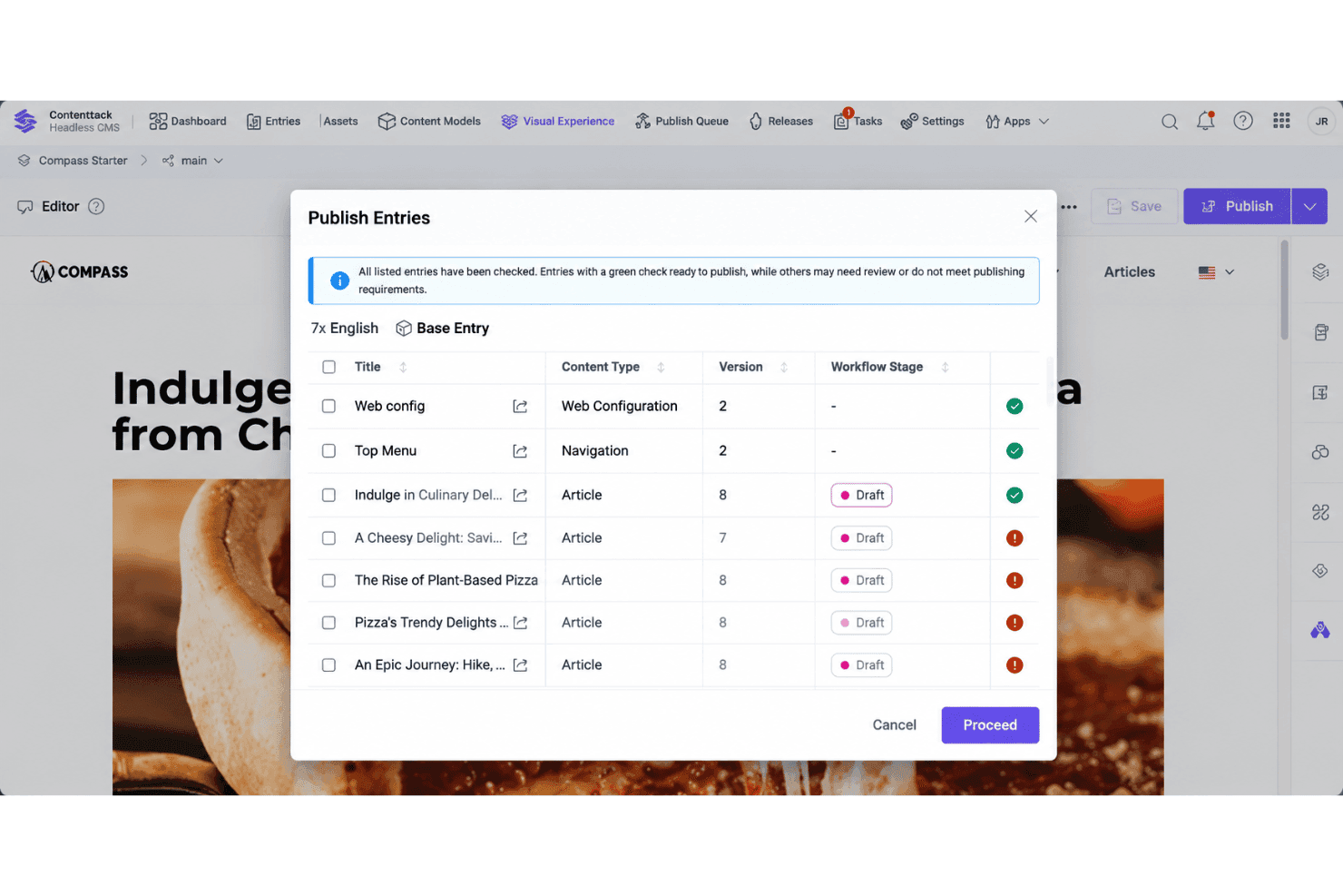 Contentstack interface with Visual Editor, Workflows, Releases, and content management tools.