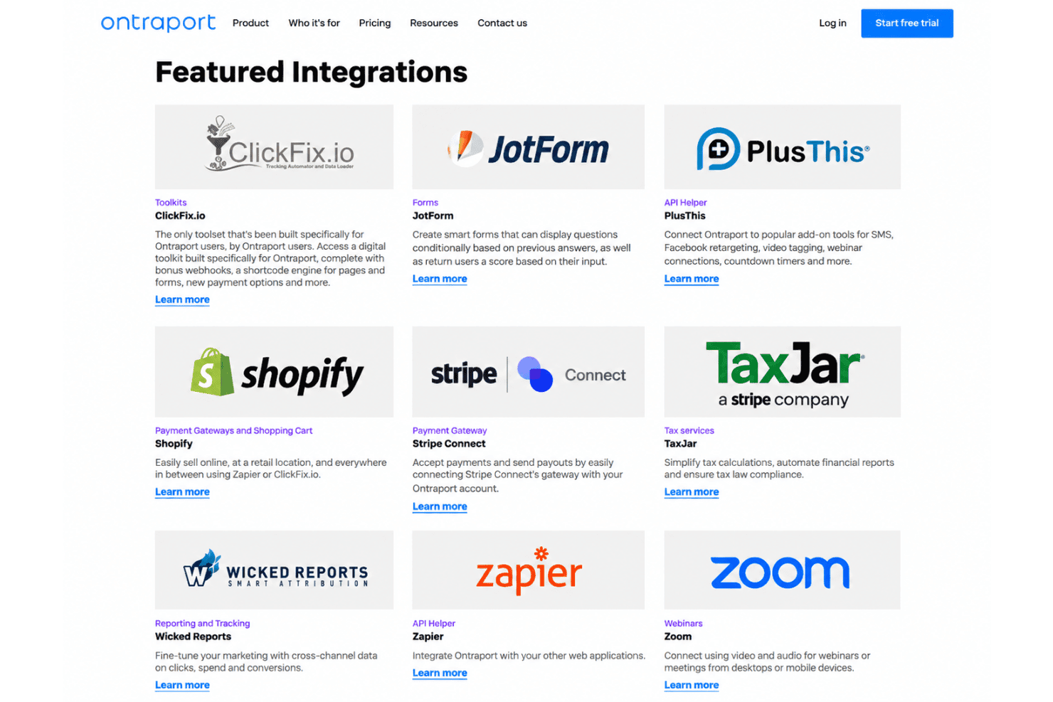 Ontraport integrations with Facebook, UltraCart, Zapier, Make, and third-party apps.