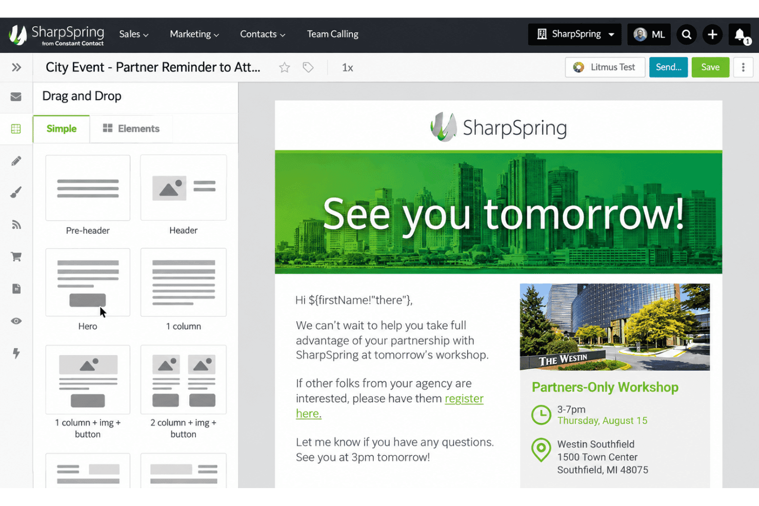 SharpSpring interface with workflow automation, CRM timeline, and campaign management tools.