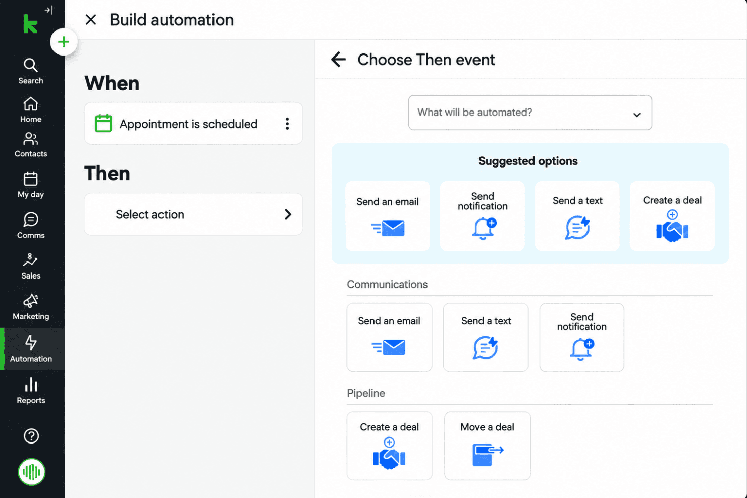 Keap interface with visual campaign builder, email automation, contact management, and workflows.