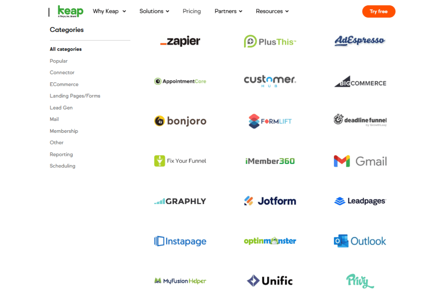 Keap integrations with Gmail, Outlook, Jotform, Typeform, Zapier, and third-party apps.