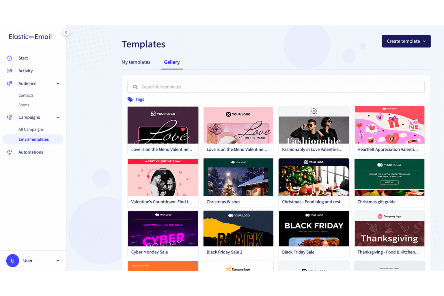 Elastic Email interface with email campaigns, templates, signup forms, and visual automations.