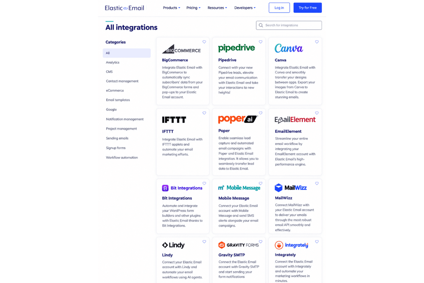 Elastic Email integrations with WordPress, HubSpot, Shopify, Zapier, REST API, and SMTP.
