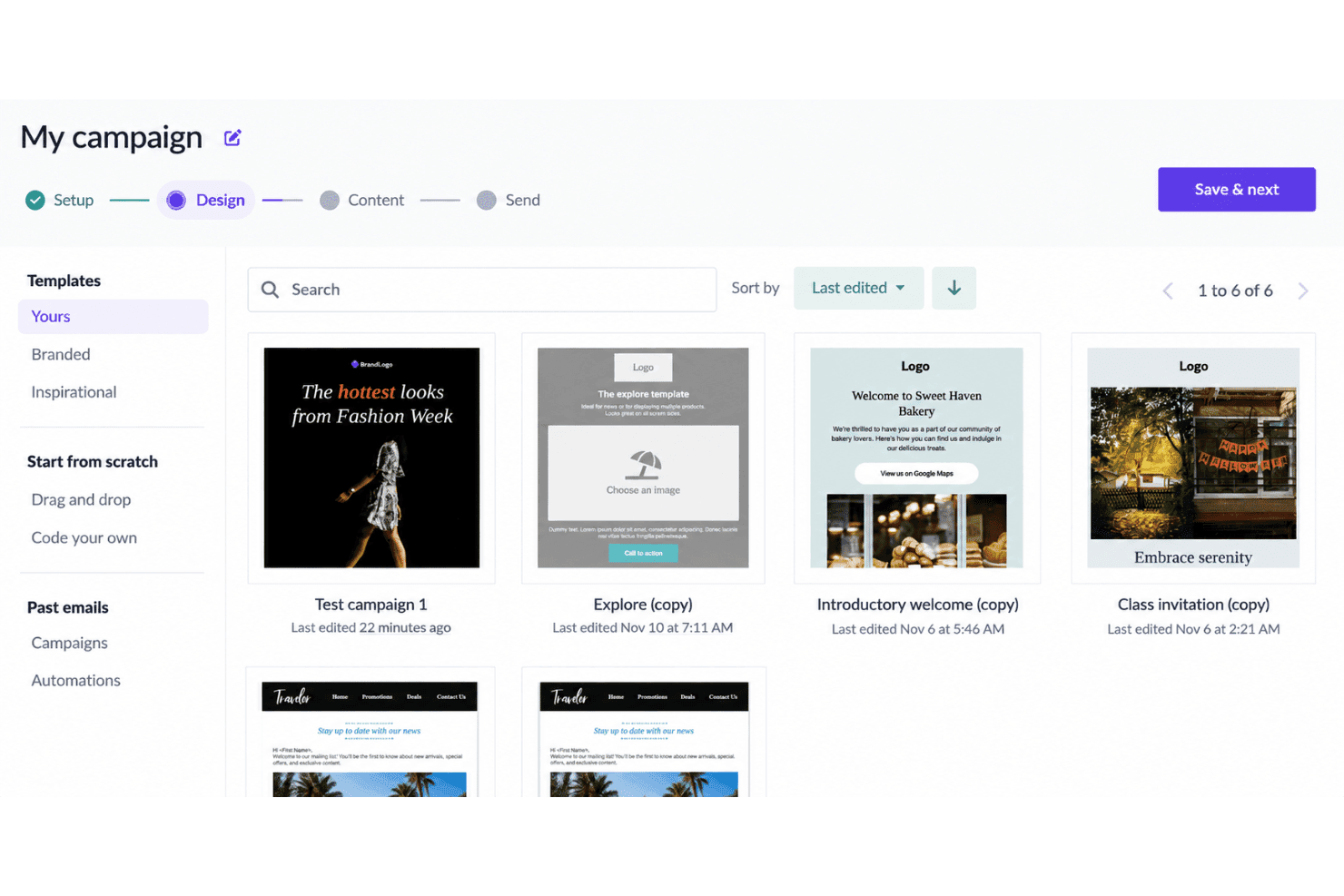 EmailOctopus email campaign editor with newsletter layouts and email design tools.