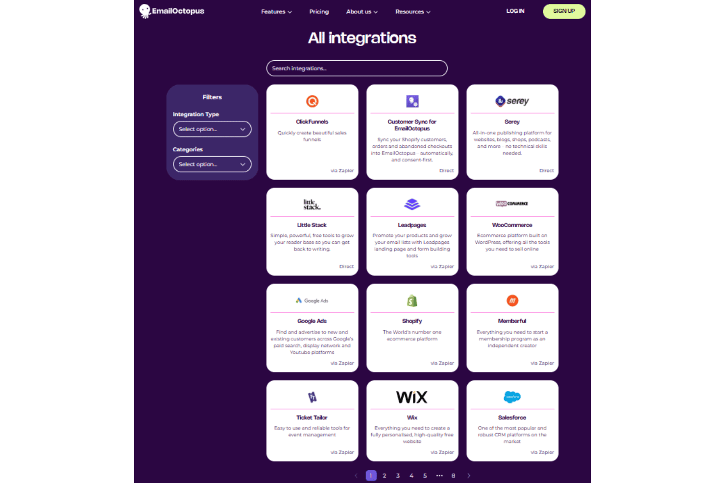 EmailOctopus integrations with WordPress, Shopify, Salesforce, Zapier, and Make.