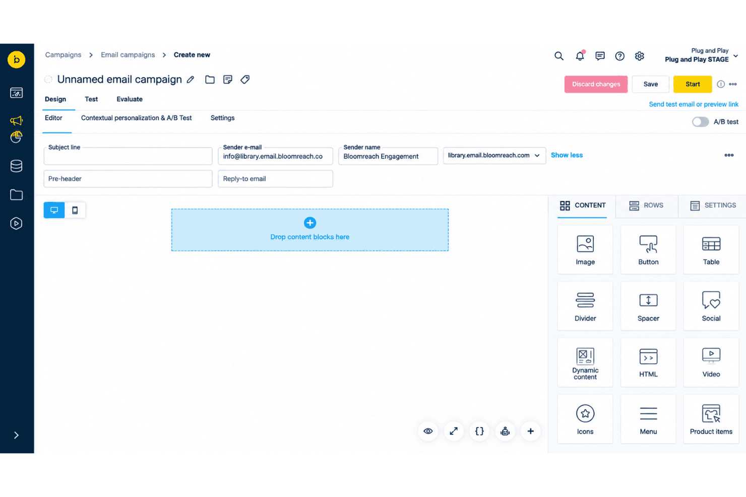 Bloomreach drag-and-drop email builder with templates, product blocks, and dynamic content.