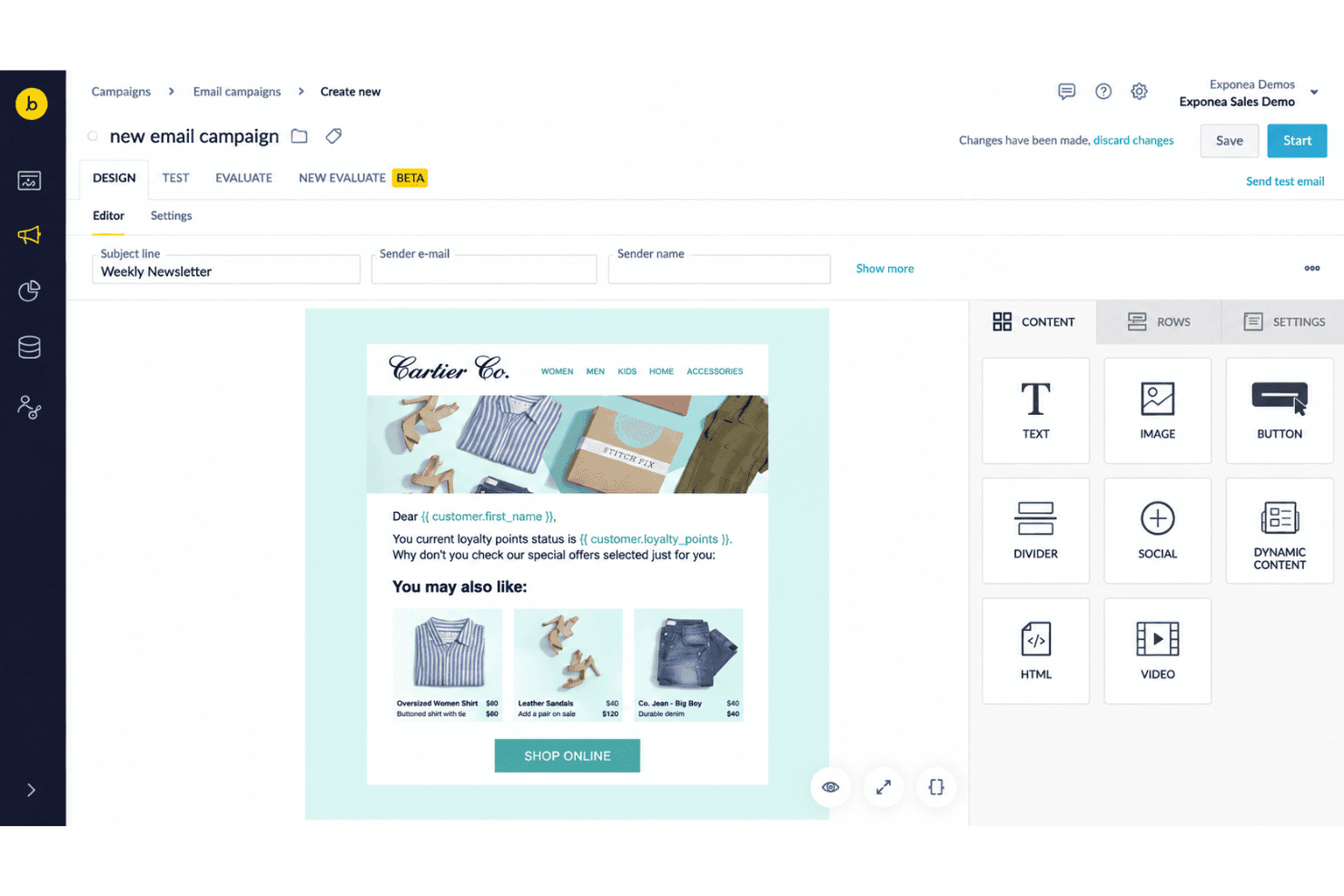 Bloomreach interface with drag-and-drop email editor, audience segmentation, and journey automation.