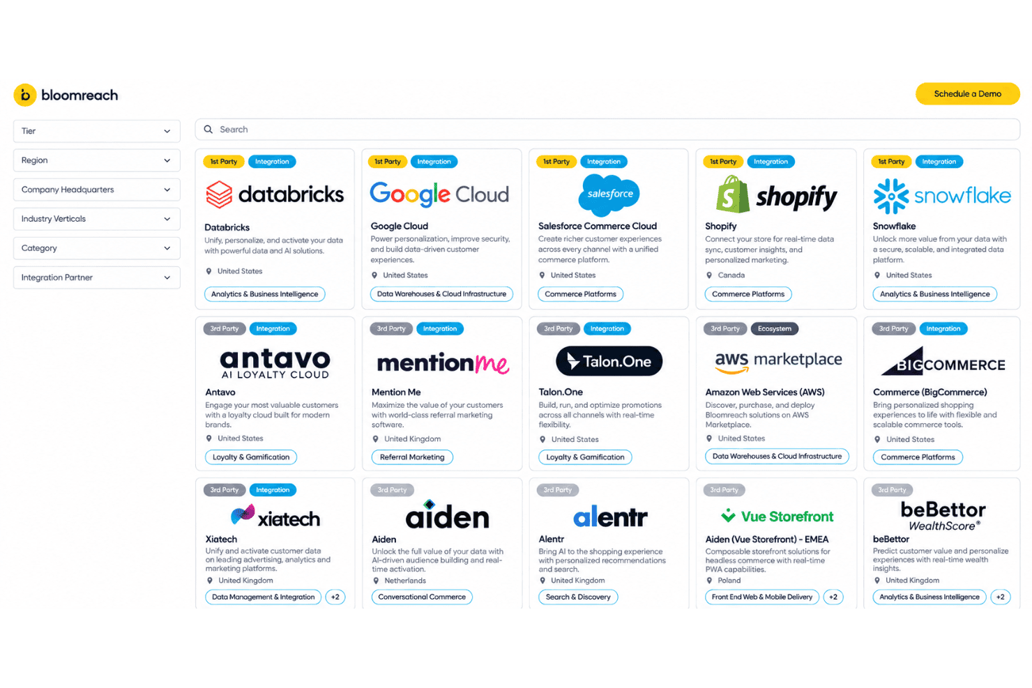Bloomreach integrations with Shopify, Snowflake, Databricks, Google Ads, and Zapier.